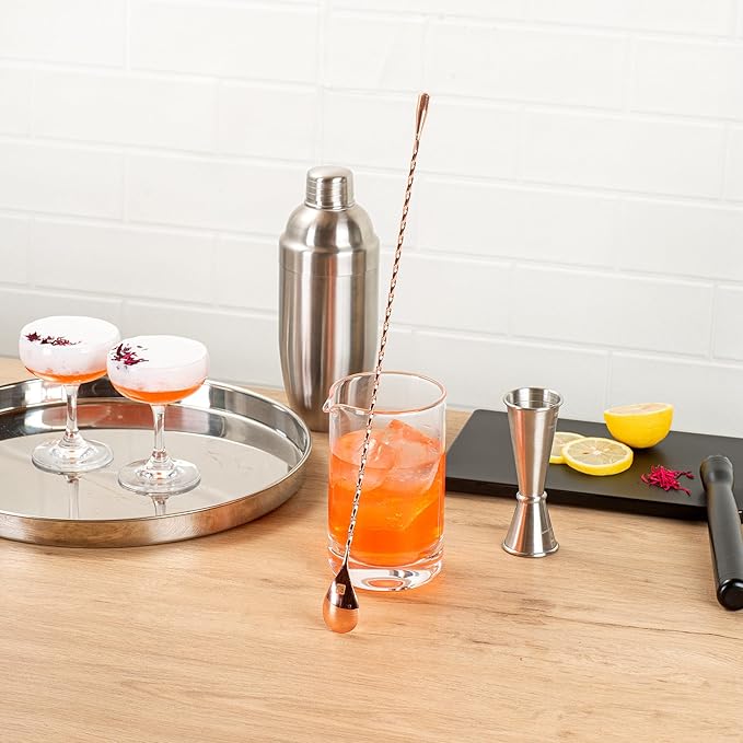 Restaurantware Bar Lux 16 Inch Bar Spoon 1 Corkscrew Handle Cocktail Stirrer Spoon - Long Commercial Copper-Plated Stainless Steel Cocktail Mixing Spoon For Stirring And Mixing