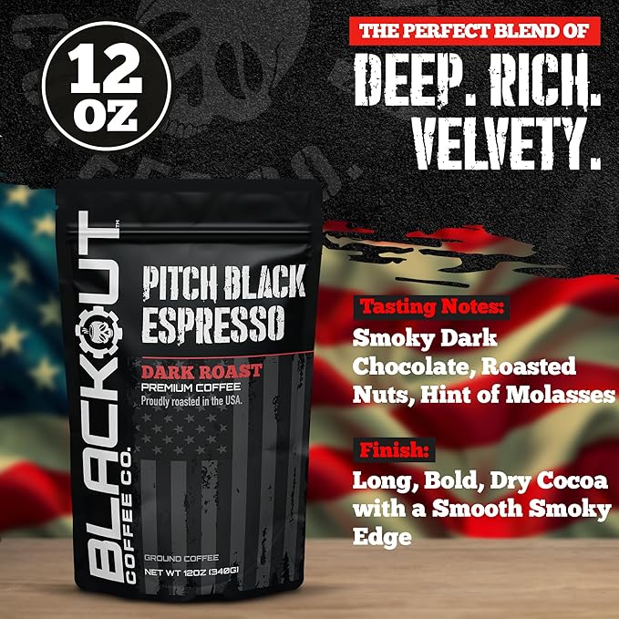 Blackout Coffee Pitch Black Espresso Ground Coffee – Extra Dark Roast, European-Style, Bold & Aromatic – Freshly Roasted 12oz Bag.