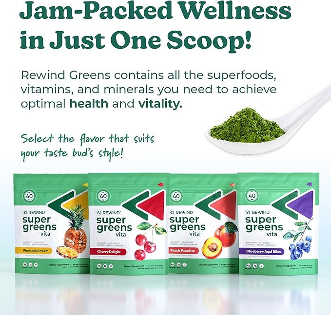 Rewind Best Tasting Super Greens Powder with 40+ Superfoods – Delicious Daily Green Powder with Vitamin B12, Zinc, Vitamin C, Magnesium & Calcium – Green Juice Superfood Mix - Peach Flavor
