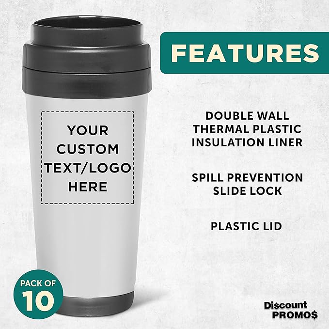 Custom Insulated Stainless Steel Travel Mugs 16 oz. Set of 10, Personalized Bulk Pack - Perfect for Iced Coffee, Soda, Other Hot & Cold Beverages - Stainless Steel
