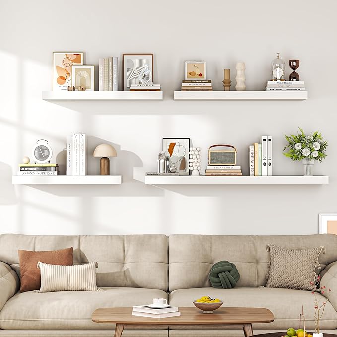 Dreamland 48" Floating Shelves for Wall, 12" Deep Thicker White Floating Shelves, Wall-Mounted Shelves for Bedroom, Living Room, Kitchen, Bathroom - Set of 2