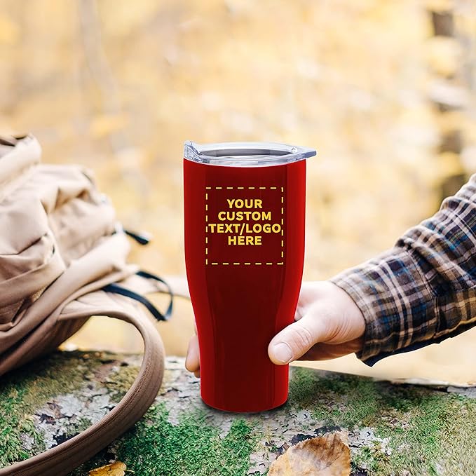 Custom Stainless Steel Grip Travel Mugs 27 oz. Set of 10, Personalized Bulk Pack - Perfect for Coffee, Soda, Other Hot & Cold Beverages - Red