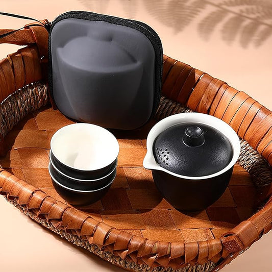 Porcelain Chinese Gongfu Tea Sets for Adults Portable Kungfu Teapot and Cup Set Small Ceramic Tea Party Set Travel Teaset with Lid for Home Gifting Outdoor and Office (Black)
