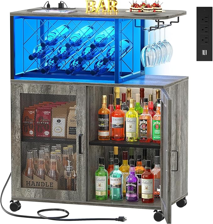 Small Bar Cart with Wheels, Liquor Cabinet with LED Light, Wine Bar Cabinet with Power Outlets, Home Mini Bar with Wine Rack, Glasses Storage for Kitchen, Dining Room, Living Room, Grey