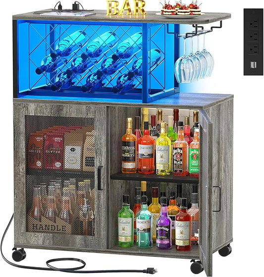 Small Bar Cart with Wheels, Liquor Cabinet with LED Light, Wine Bar Cabinet with Power Outlets, Home Mini Bar with Wine Rack, Glasses Storage for Kitchen, Dining Room, Living Room, Grey