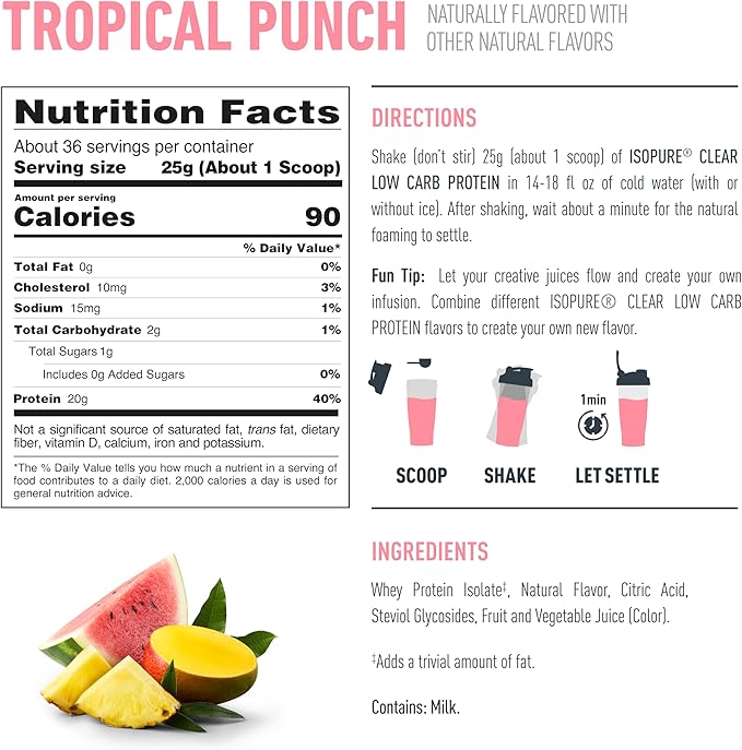 Isopure Clear Whey Isolate Protein Powder, Lactose Free, Gluten Free, Naturally Flavored, Tropical Punch, 20g Protein Per Serving, 1.9 Lbs, 36 Servings (Packaging May Vary)