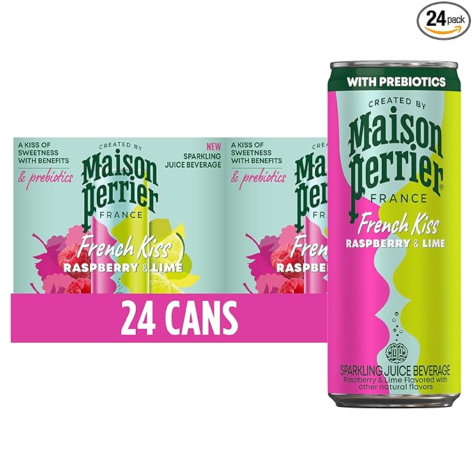 Maison Perrier French Kiss Sweetened Sparkling Juice Beverage, Raspberry & Lime Flavors With Real Fruit Juices, 24Pk