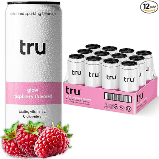 Tru Glow Seltzer, Sparkling Water with Biotin, Vitamin C, Vitamin A & Real Raspberry Juice, Sweetened with Monk Fruit & Stevia, Gluten Free, Vegan, Caffeine & Sugar Free, 12 FL OZ Cans, 12 Pack