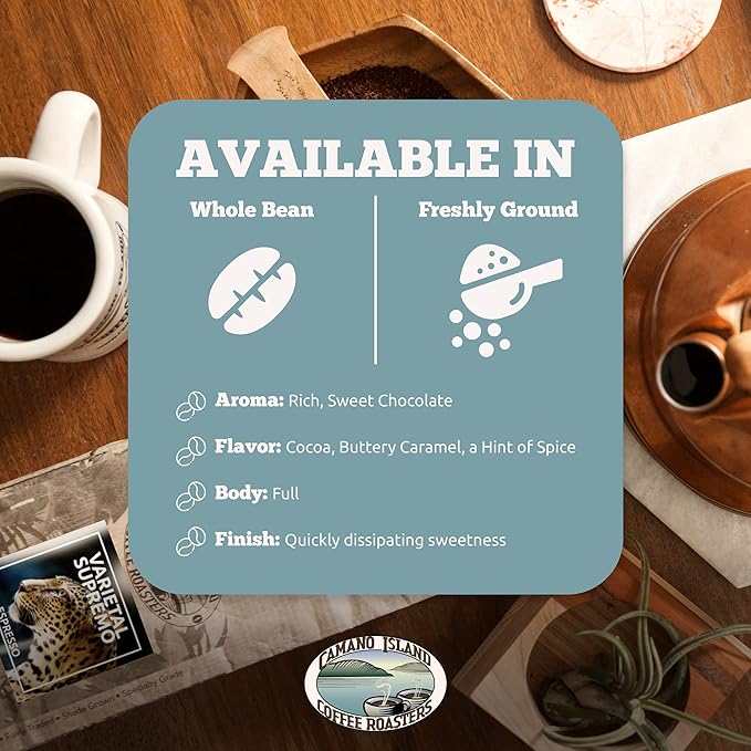 Camano Island Coffee Roasters Varietal Supremo Espresso Blend, Ground 12oz, Fresh Dark Roast, USDA Organic, Fairly Traded, Shade Grown Arabica, Chocolate, Caramel, Hint of Spice Flavor Profile