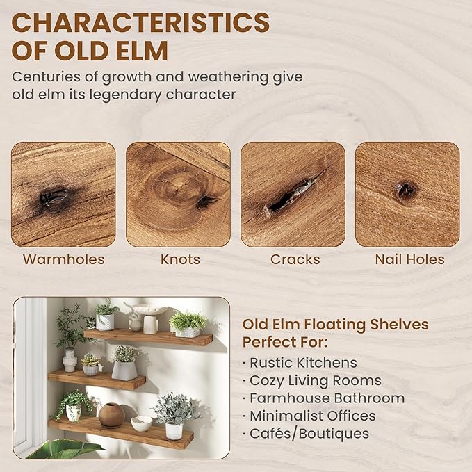 72 Inch Floating Shelves for Wall 1 Pack Shelves for Bedroom, Bathroom, Kitchen, Wall Mounted Rustic Solid Elm Wood Floating Shelf with Invisible Bracket for Books, Decor, Storage, Natural