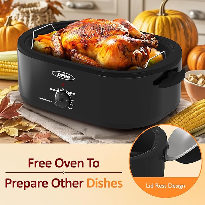 Sunvivi Electric Roaster,20 Quart Roasting Oven with Self-Basting Lid Removable Pan,Turkey Roaster Oven with 150 to 450F Temperature Control Cool-Touch Handles,Black