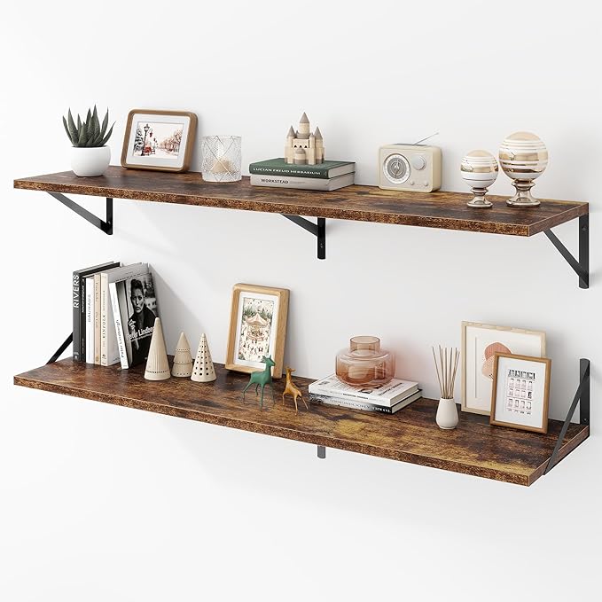 Deep Floating Shelves Wall Mounted, 48"x12" Brown Wood Shelves with Brackets Set of 2 for Bedroom, Living Room, Bathroom, Kitchen, Office - Storage & Display Shelf for Decor, Books, Plants