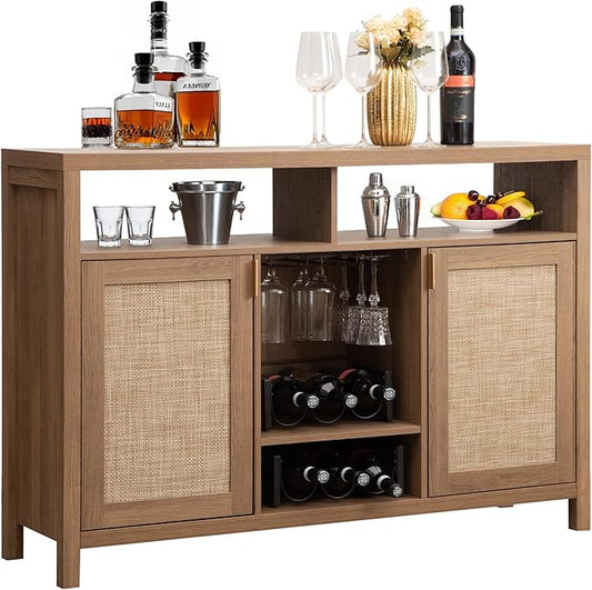 SICOTAS 51" Coffee Bar Cabinet Bar Cart with Storage, Wine Bar Cabinets Boho Home Bar Table, Rattan Sideboard Buffet with 2 Doors, Coffee Station with Wine Racks for Living Dining Room Entryway