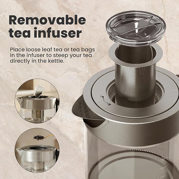 Vianté Electric Kettle With Infuser. No Plastic In Contact With Water. Hot Tea Maker With Temperature Control And Automatic Shut Off. Tea Kettle With Brewing Programs. 1.5 Liters Capacity