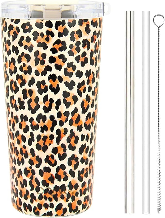 Drinco - 20 oz Stainless Steel Tumbler | Double Walled Vacuum Insulated Mug With Lid, 2 Straws, For Hot & Cold Drinks (20oz Leopard)