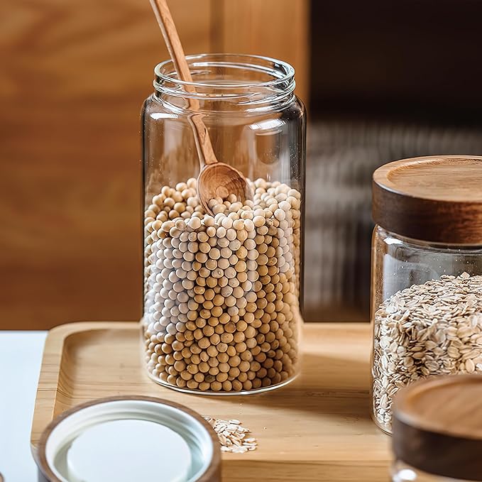 3 Pack 17 fl oz/500ml Clear Glass Storage Canister with Airtight Wooden Screw On Lid, Small Cute Decorative Glass Container Jar Set for Coffee, Candy, Cookie, Condiment, Pepper, Sugar, Oatmeal