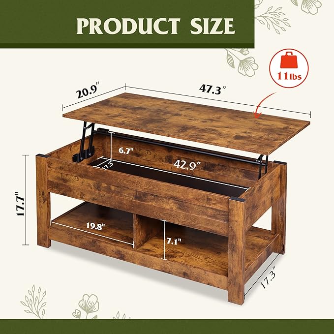 WLIVE Coffee Table, 47" Lift Top Coffee Table with Hidden Compartment and 2 Storage Shelves for Living Room, Rustic Brown