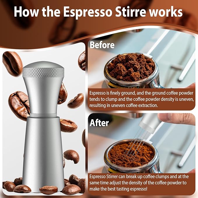 WDT Espresso Distribution Tool Espresso Stirrer Tools for Barista, 0.35mm 7 Needles Espresso Coffee Stirrer with Extra 7 Replaceable Needles, Aluminum Alloy Handle with Stand (Silver)