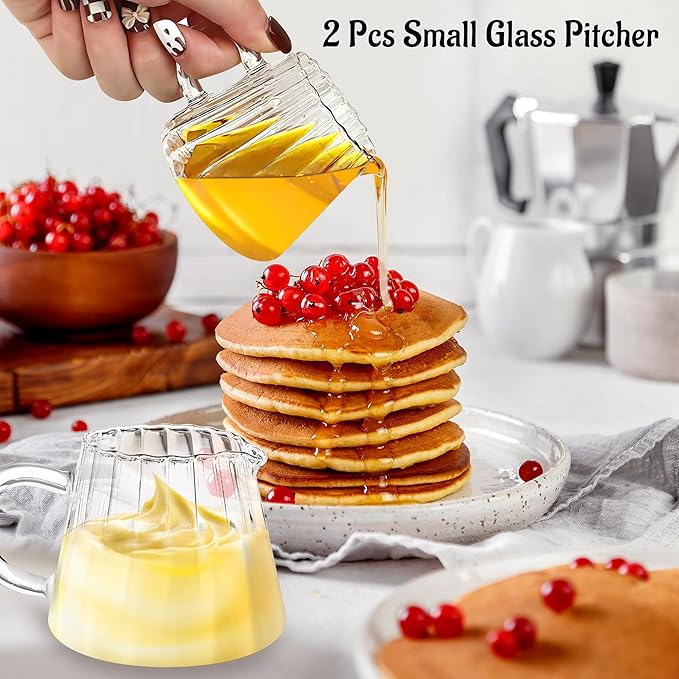 Loscarol 2 Pcs Small Creamer Pitcher, Elegant Wave Shaped Glass Creamer Jug, for Coffee, Milk, Tea, 6 oz Milk Frothing Pitcher for Kitchen