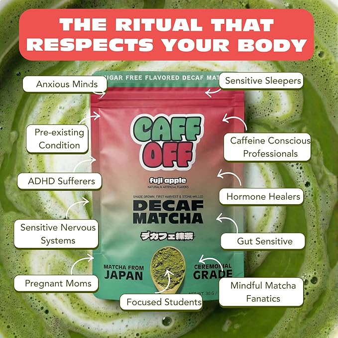 Caff Off Decaf Apple Matcha Green Tea Powder From Japan – 1.06 oz / 30 g – Ceremonial Grade & Sugar-Free – No Fillers or Milk Powders – Naturally Decaffeinated Without Chemicals – Tested for Heavy Metals – First Harvest, Shade-Grown & Caffeine-Free Mat...