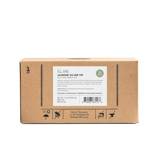Steven Smith Teamaker Jasmine Silver Tip No. 96 Green Tea with Jasmine Blossoms, Caffeinated, Sugar-Free, Sustainably Grown, Full Leaf, Plant Based Green Tea Bags, 36 Sachets, 1.3oz each