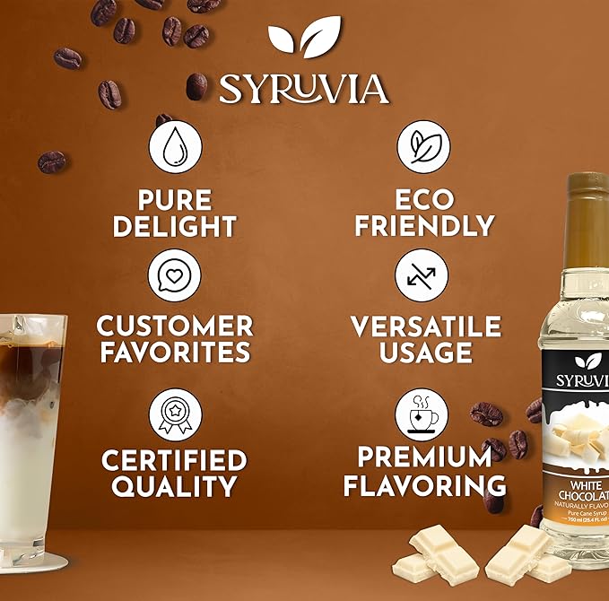 Syruvia Coffee Syrup, White Chocolate Flavored Syrup for Drinks, Lattes, and Desserts – 25.4 fl oz, With Pump