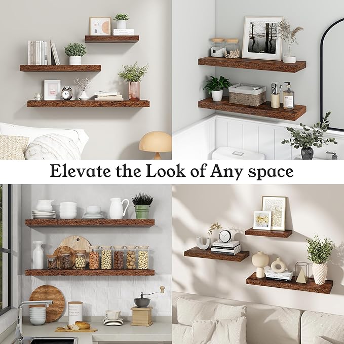 Floating Shelves for Wall, 9.3" Deep Wall Mounted Wood Shelves for Bathroom, Bedroom, Living Room, Kitchen, Hanging Shelf for Books/Storage/Room Decor (Brown, 48")