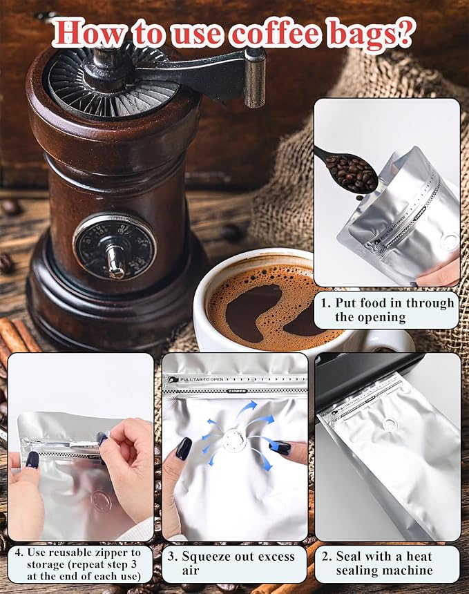 12mil Stand Up Coffee Bags, Flat Bottom Pouch with one-way Air Release Valve and Reusable Side Zipper(Silver, 200PCS-Large-2.2lb/32oz/1kg)