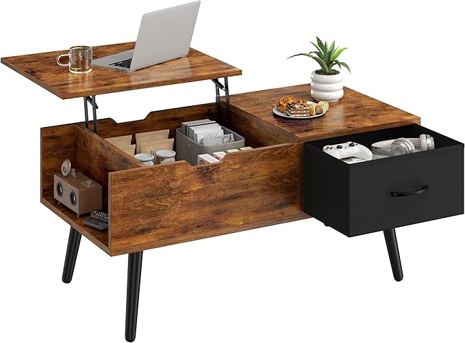 Yaheetech Lift Top Coffee Table for Living Room, Wooden Small Center Tables with Large Storage Shelf Drawer and Hidden Compartment Modern, Rustic Brown