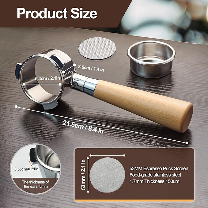 stochastic box 54 mm Bottomless Portafilter with Puck Screen, 3 Ears Espresso Portafilter Compatible with Breville Barista Express Machines,Stainless Steel Por tafilter and Maple Handle