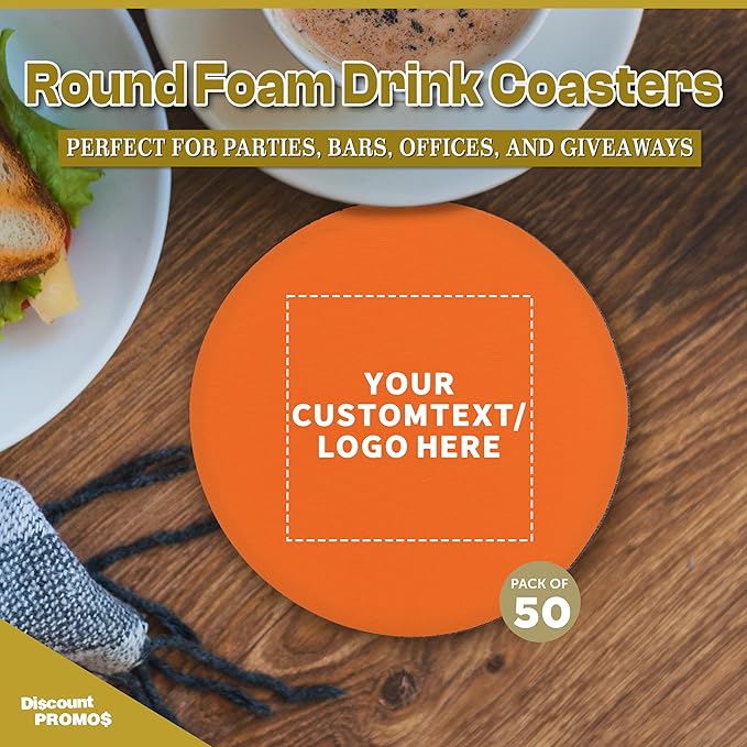 50 Round Foam Bud Coasters Pack, 4 inch - Customizable Text, Logo - PU Foam, Party Favor - Neon Orange