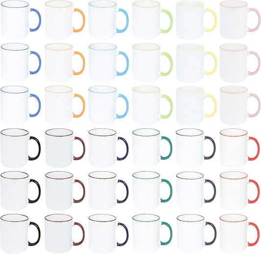 11oz White Ceramic Sublimation Coffee Mug Mixed 12 Colors Rim & Handle, Case of 36
