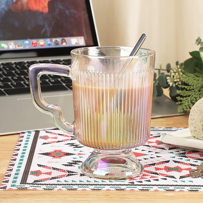 Joeyan Iridescent Glass Coffee Mugs,Vintage Ribbed Coffee Cups with Handle,Tea latte Cappuccino Espresso Milk Cups,Rainbow Drinking Glasses,12 oz,Set of 2