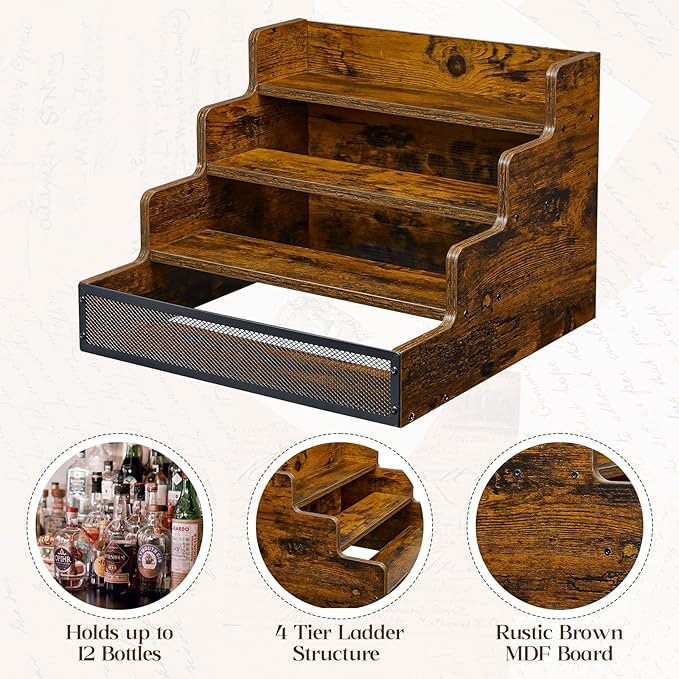 Yuzehuaza 4 Step Countertop Liquor Bottle Display Shelf, Wood Bar Shelves 16 Bottles with Fences, Freestanding Storage Shelves for Liquor Whiskey Wine Coffee Syrup Display, Retro Wine Rack Home