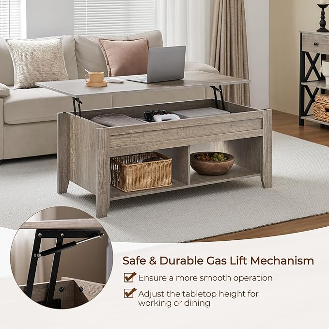 Yaheetech Lift Top Coffee Table with Hidden Storage Compartment & Lower Shelf, Lift Tabletop Farmhouse Table for Living Room Office Reception, 47.5in L, Gray