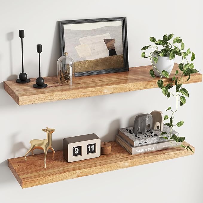 Reclaimed Elm Wood Floating Shelves for Wall, Flat Edge 36"W x 9.2"D x 1.4"H, Set of 2 with Invisible Bracket, Wall Mounted Shelves for Living Room Bedroom Kitchen Bathroom Decor, Natural Finish