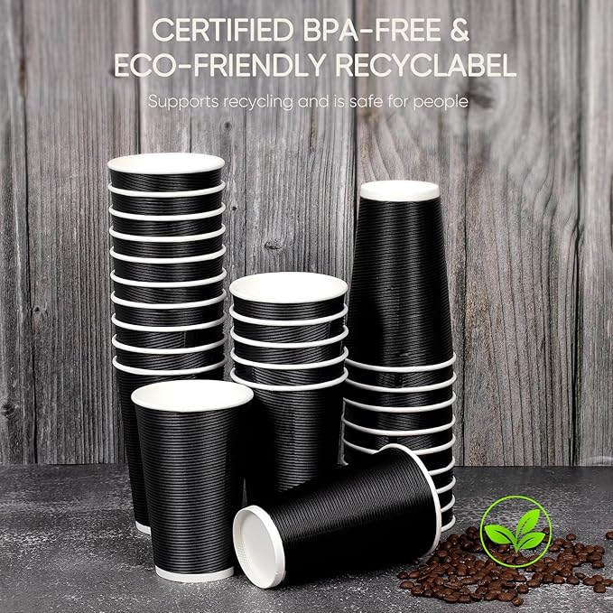 Coolcap 100 Pack 16 oz Disposable Coffee Cups with Lids and Straws, Insulated Ripple Wall To Go Paper Corrugated Cups, Bulk for Hot/Cold Drinks, Cafe Bar, Office, Chocolate, Cocoa (Black)