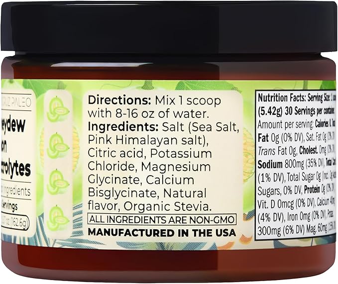 Santa Cruz Paleo Electrolyte Powder, Honeydew Melon Flavor, Sugar Free Hydration Drink Mix with Himalayan Pink Salt, Sea Salt, Magnesium Glycinate, Potassium Chloride, Sweetened with Stevia, 30 Srvgs