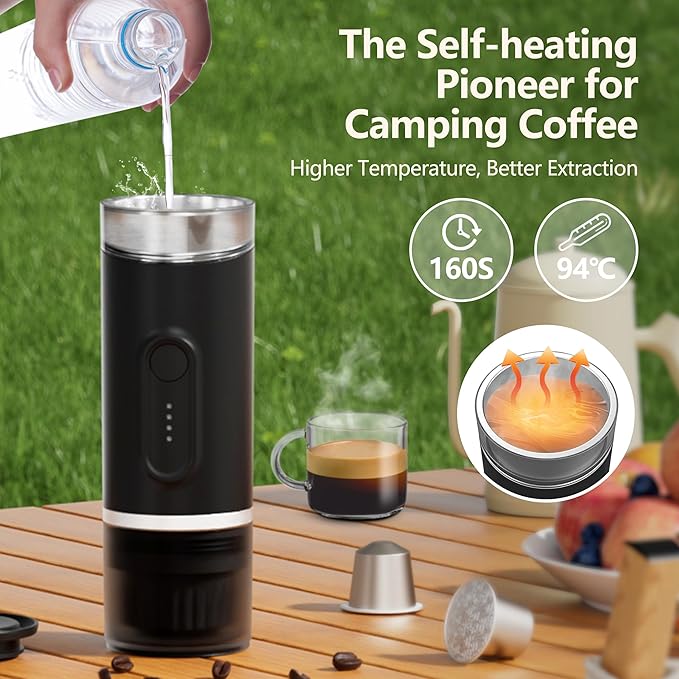 Portable Electric Espresso Machine, Self-Heating Travel Coffee Maker with USB-C, Compatible with Ground Coffee & NS Capsules, Ideal for Camping, Car, RV, Hiking & Office (Black)