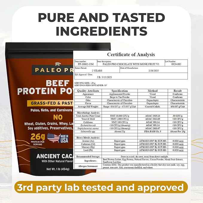 Paleo Pro Beef Protein Powder - Grass Fed Protein Powder Isolate - Pure Animal Based Pastured & Cage-Free | Dairy & Gluten Free, Natural and Clean Proteins for Paleo & Keto - 15 Days Supply (Cacao)