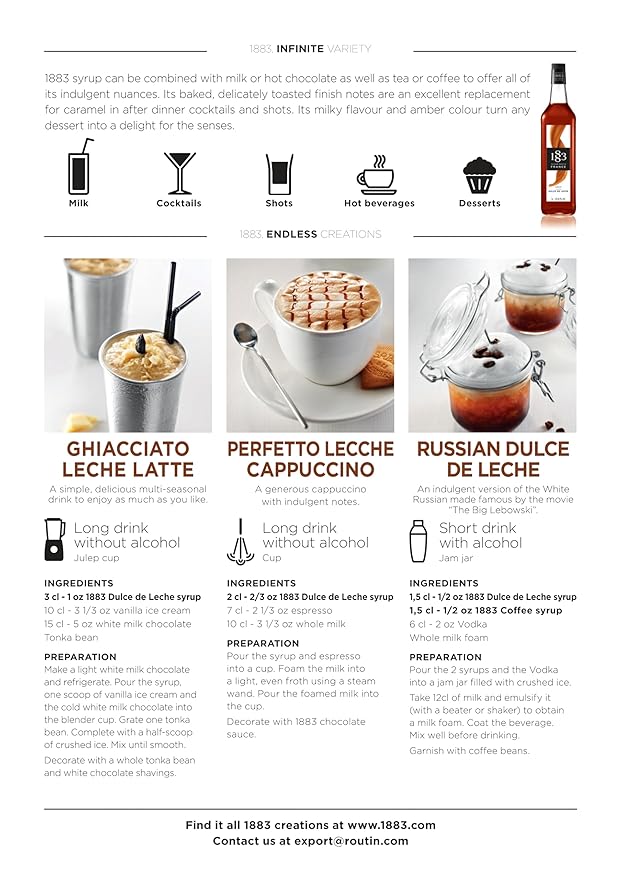 1883 Coffee Syrup, Dulce De Leche Syrup for Drinks, Made in France, 1 Liter Glass Bottle