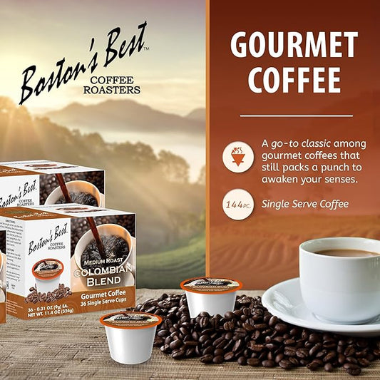 Boston’s Best - Colombian Blend Delectable Gourmet Bold Medium Roast Coffee Compatible with Keurig Coffee Maker, 1 Count (144 Single Serve Cups)