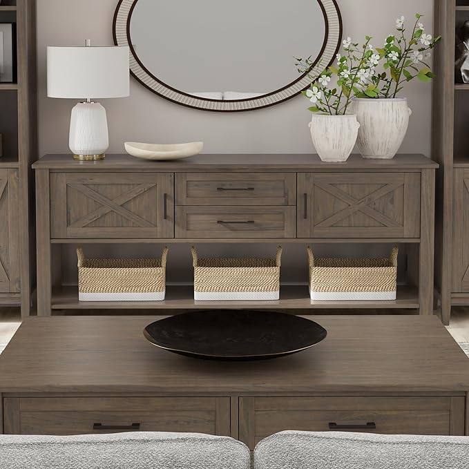 SIMPLIHOME Ela Console Table - 48 Inch Wide Solid Wood Sofa Table in Smoky Brown, Transitional Storage Table for Entryway or Living Room with 2 Drawers, 2 Cabinets, Open Shelf, and X-Panel Doors