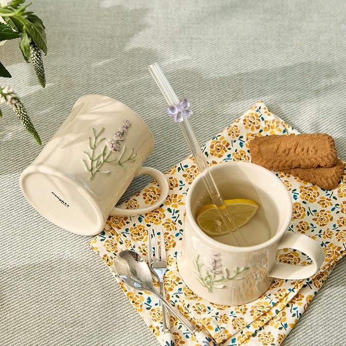 Artisanal Handcrafted Ceramic Mug with Sage Botanical Design - 10oz Off-White Stoneware Coffee Cup, Elegant Purple Sage Pattern, Dishwasher Safe, Comfort Grip Handle for Daily Use-4pack