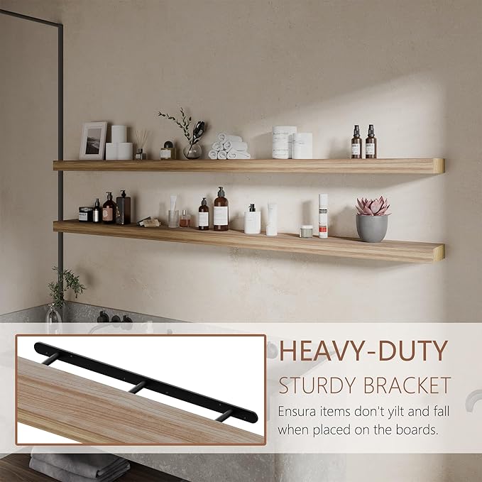 72 inch Long Floating Shelves for Wall,Solid Wood Long Wall Shelves Set of 2,Brwon Wooden Wall Mounted Shelf,Wall Bookshelf Bathroom Shelves