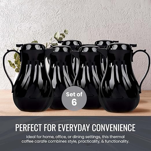 OCS Parts Set of 6 Easy Pour Thermal Coffee Carafes | 10-Inch Insulated Hot and Cold Beverage Pitcher Server for Coffee, Tea, Hot Chocolate and Water | 42-Ounce | Black