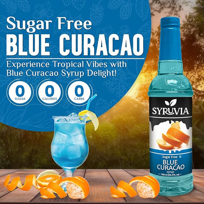 Syruvia Sugar Free Blue Curacao Syrup, Flavored Syrup for Cocktails, Drinks, Lemonades, Iced Teas, and Desserts – 25.4 fl oz, With Pump