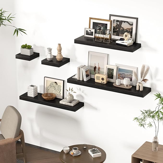 Floating Shelves for Wall, 72"W x 9.3"D x 1.5"H, Long Wooden Wall Mounted Display Shelves with Invisible Brackets for Living Room, Bedroom, Bathroom, Kitchen Decor and Storage, Set of 1, Black