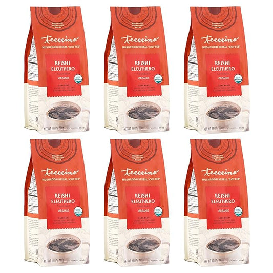 Teeccino Reishi Eleuthero Coffee Alternative - French Roast - Organic Adaptogenic Herbal Mushroom Coffee, Dark Roast, Caffeine Free, Prebiotic, Acid Free, All-Purpose Grind - 10 Oz (Pack of 6)