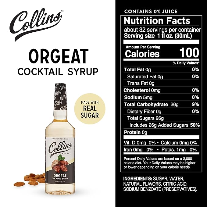 Collins Orgeat Syrup, Almond Syrup for Coffee, Tiki Drinks and Mai Tais, Cocktail Mixer with Floral Notes, 32 Ounces, Set of 1